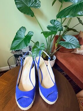 Royal Blue Suede Peep-Toe Slingback Wedge Espadrilles
